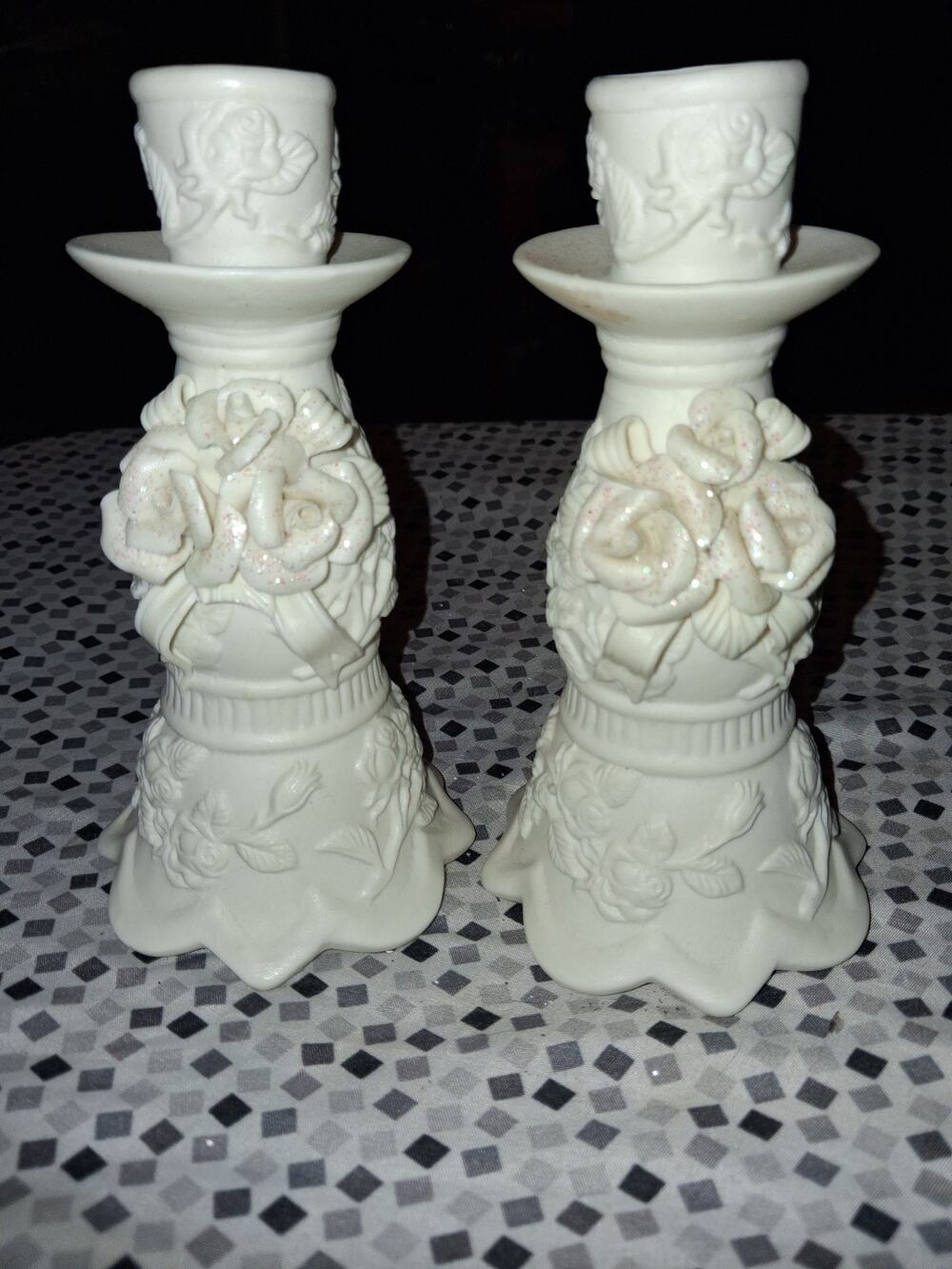Vintage Porcelain Candlesticks w/ Applied Porcelain Roses Cornerstone Creations